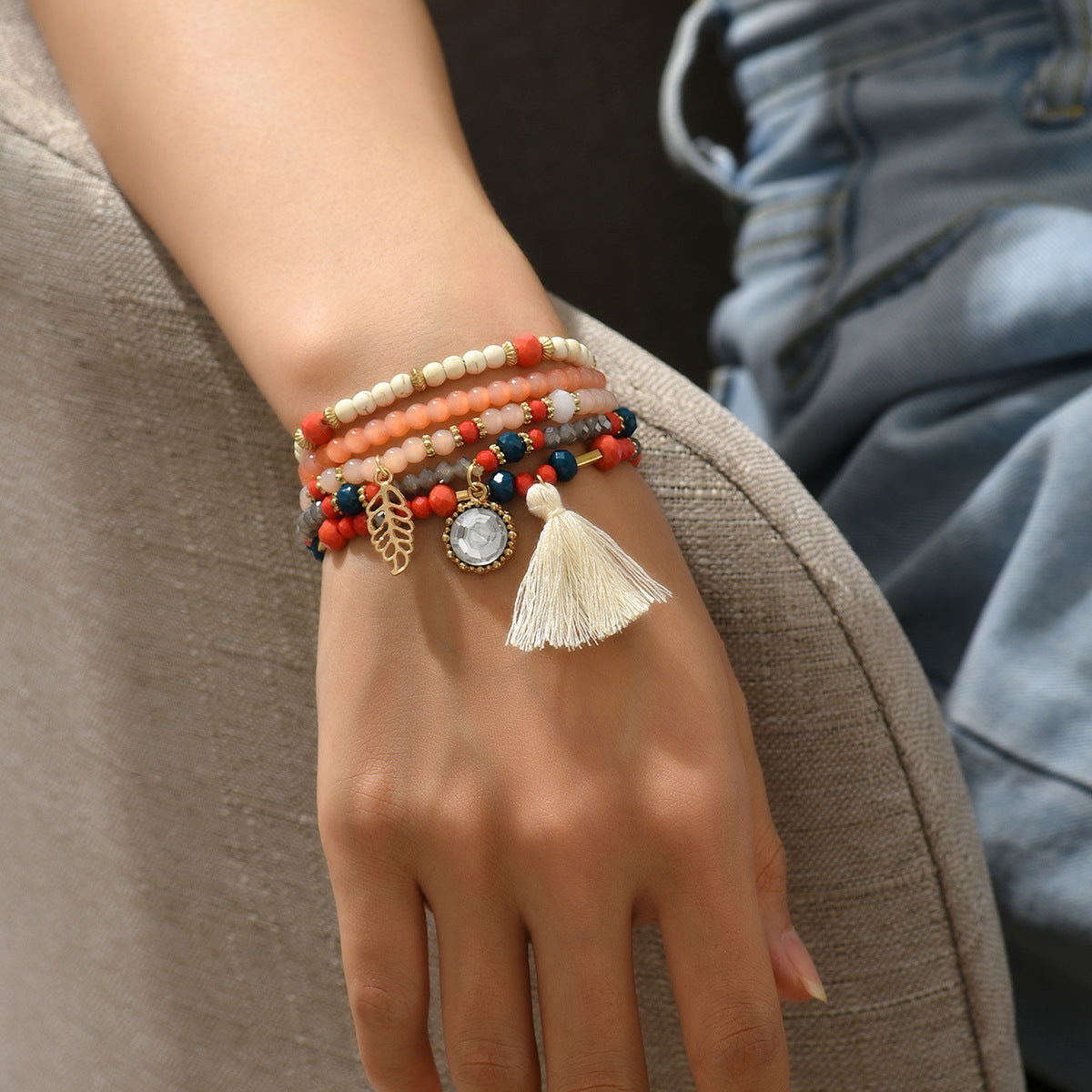 Juego de 5 pulseras de cuentas de arroz color turquesa hoja al por mayor